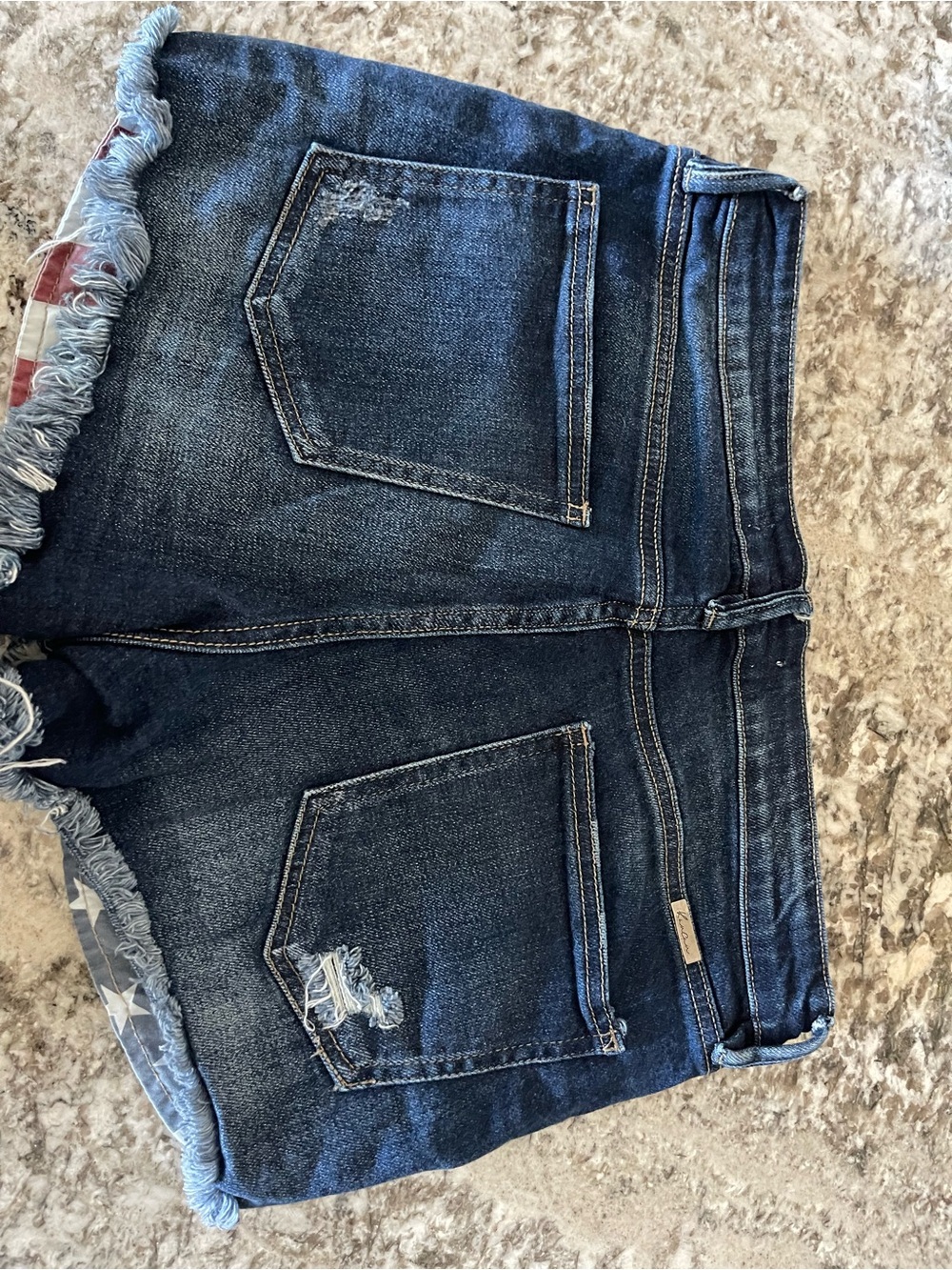 KanCan Distressed Dark Wash Jean Shorts with Flag Trim size 29 - Picture 2 of 3